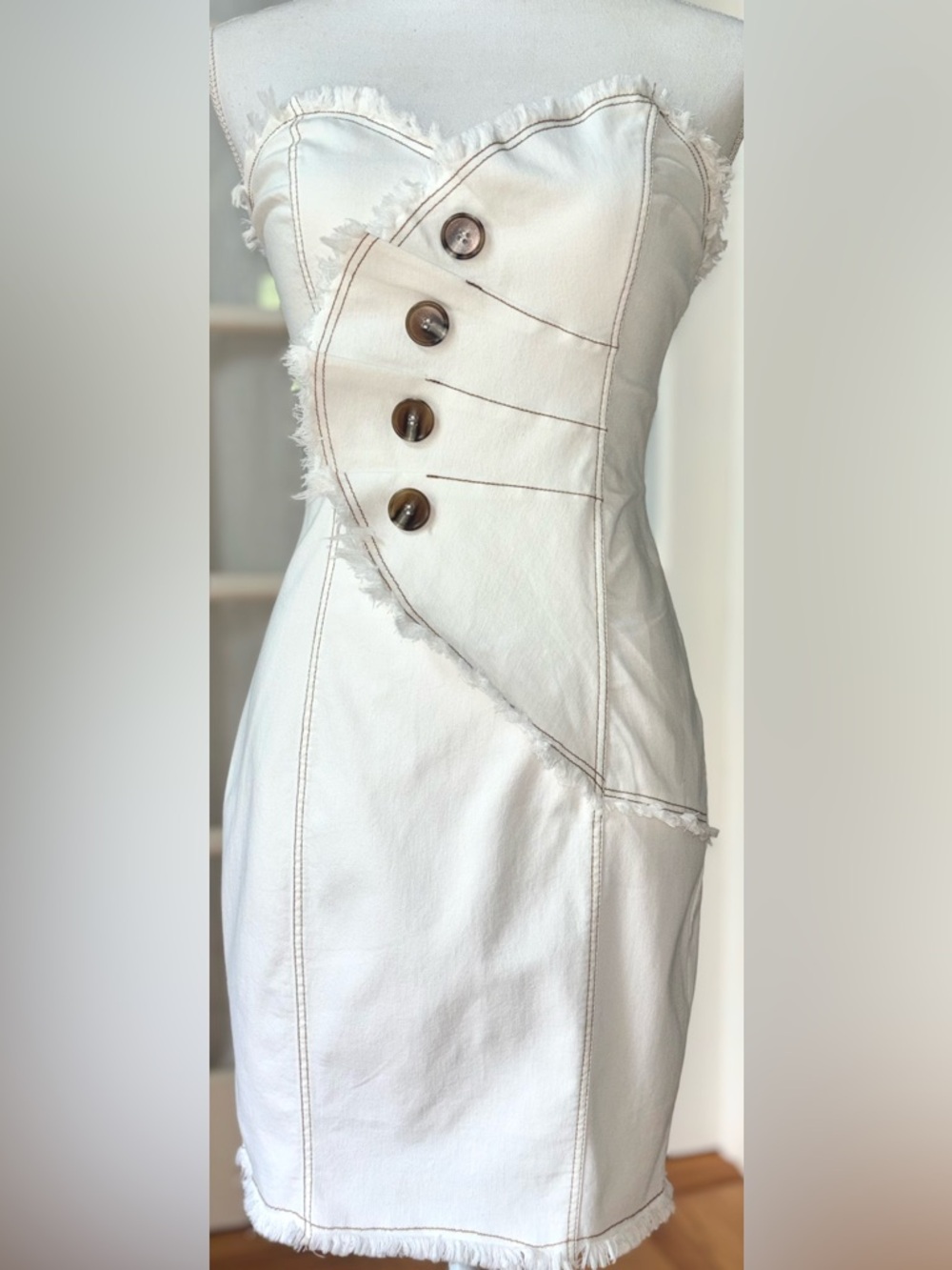 Mika & Gala Ivory Strapless Mini Dress Asymmetrical Button Detail M